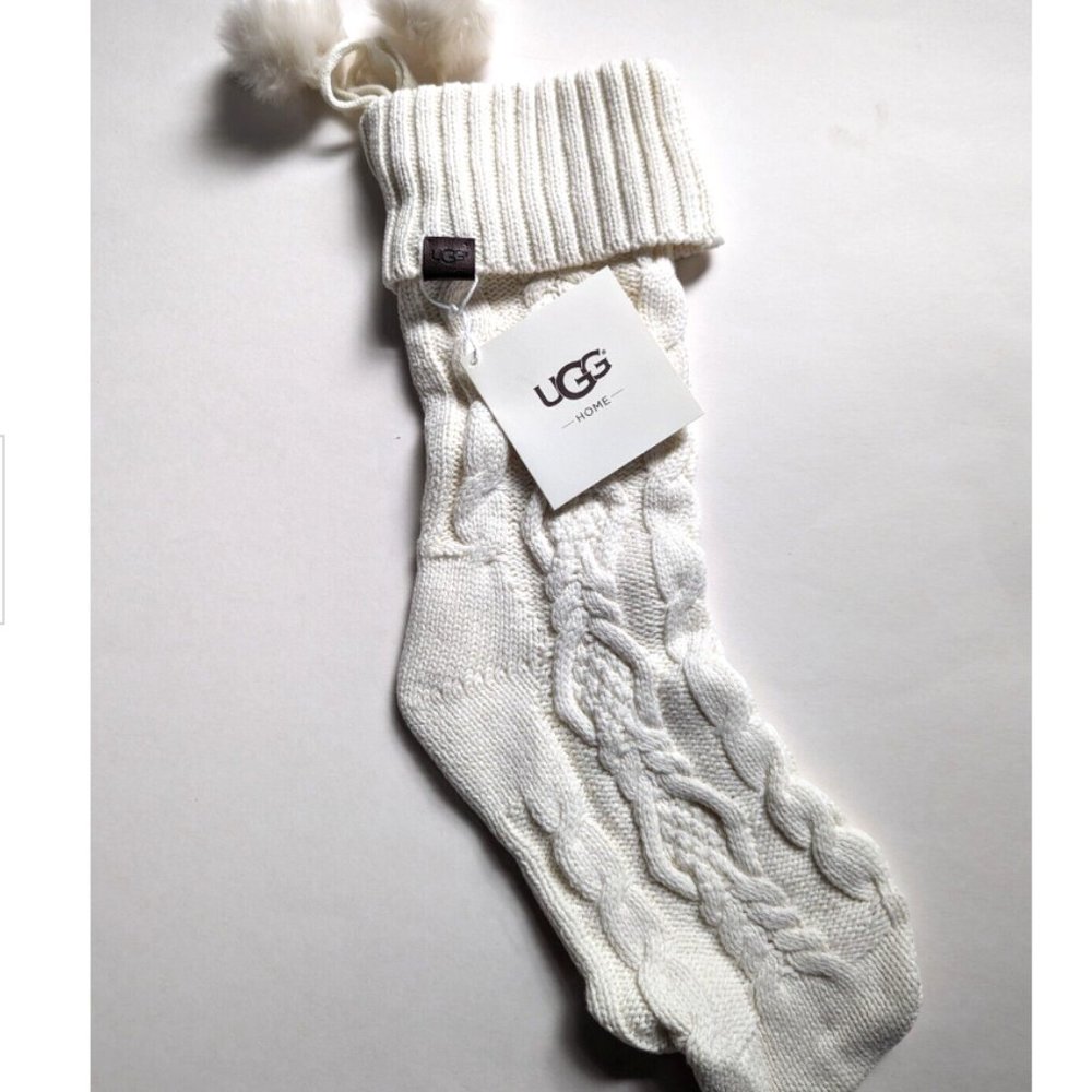 COPY - UGG Christmas Stocking Ivory Cable Knit Faux Fur Pom Pom Holiday Decor 1…